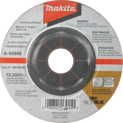INOX Grinding Wheel, 4-1/2" x 1/4", 7/8" Arbor, Aluminum Oxide, Type 27 Nuna Depot Inc.
