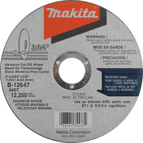 Thin Kerf Cut-Off Wheel, 5" x 3/64", 7/8" Arbor, Type 1, Aluminum Oxide, 12250 RPM Nuna Depot Inc.