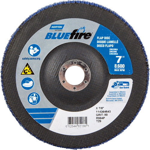 BlueFire R884P Coarse Grit Flap Disc, 7" x 7/8", Type 27, 80 Grit, Zirconia Alumina Nuna Depot Inc.