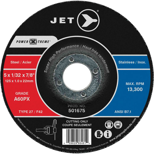 Power Xtreme Cut-Off Wheels for Angle Grinders - Steel/Stainless Steel, 5" x 1/32", 7/8" Arbor, Type 27, 12200 RPM Nuna Depot Inc.