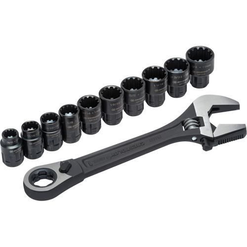 11-Piece Pass-Thru X6 Adjustable Wrench & Spline Socket Set, 13" L, 2-27/50" Max Width, Black Phosphate Nuna Depot Inc.