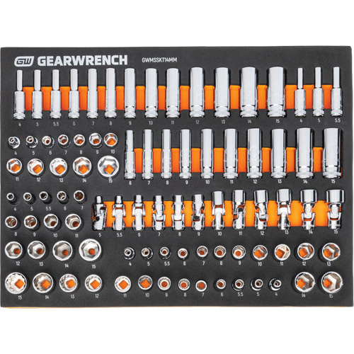 Jeu d'outils m&eacute;triques pour m&eacute;canicien MEGAMOD dans des plateaux en mousse modulaire avec armoire roulante &agrave; outils, 358 morcea Nuna Depot Inc.