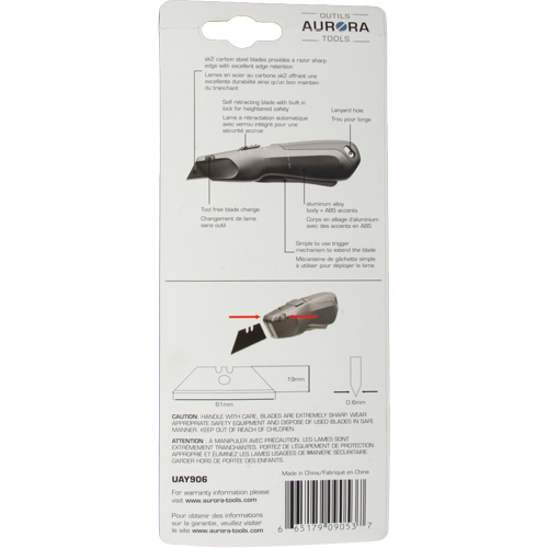 Couteau de s&eacute;curit&eacute; r&eacute;tractable , Acier inoxydable, Robuste, Prise en Plastique/Aluminium Nuna Depot Inc.