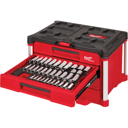 Ensemble de 242 pi&egrave;ces de douilles et cliquets m&eacute;triques et SAE 1/4", 3/8" et 1/2" avec boîte &agrave; outils PACKOUT &agrave; 4 tiroirs, 16-3/10" x 22-1/5" x 14-3/10", Noir/Rouge Nuna Depot Inc.