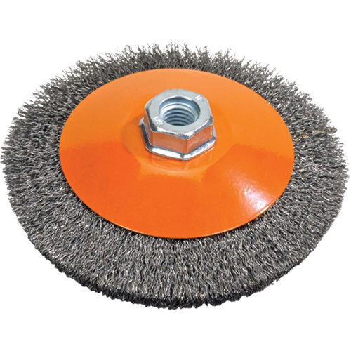 Brosse soucoupe &agrave; fils nou&eacute;s torsad&eacute;s, Dia. 5", Fils 0,02", Arbre 5/8"-11, Acier Nuna Depot Inc.