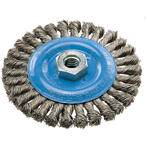 Wide Knotted Wire Wheel Brush, 5" Dia., 0.02" Fill, 5/8"-11 Arbor, Aluminum/Stainless Steel Nuna Depot Inc.