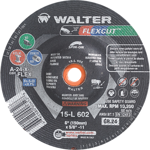 Meules &agrave; moyeu d&eacute;port&eacute; Flexcut, 6", 36 Grain, Oxyde d'aluminium, 5/8"-11, 10 200 Tr/min, Type 29 Nuna Depot Inc.