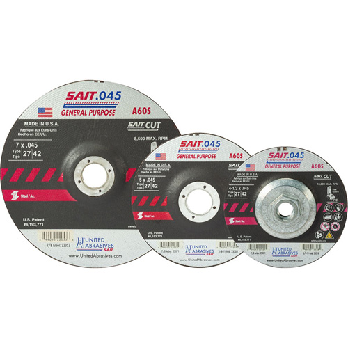 Sait Cutting Wheel, 5" x 0.045", 7/8" Arbor, Type 27, Aluminum Oxide, 12200 RPM Nuna Depot Inc.