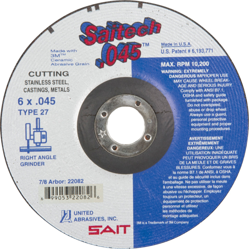 Cut-Off Wheel, 6" x 0.045", 7/8" Arbor, Type 27, Aluminum Oxide/Ceramic, 10200 RPM Nuna Depot Inc.