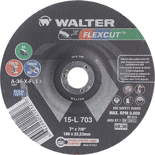 Meules &agrave; moyeu d&eacute;port&eacute; Flexcut, 7", 36 Grain, Oxyde d'aluminium, 7/8", 8600 Tr/min, Type 29 Nuna Depot Inc.