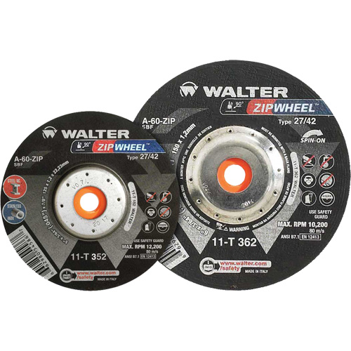 Meules &agrave; tronçonner renforc&eacute;es Zipcut vissables pour scies circulaires, 5" x 7/8", Arbre de 5/8"-11, Type 27, Oxyde d'aluminium, 12 200 Tr/min Nuna Depot Inc.