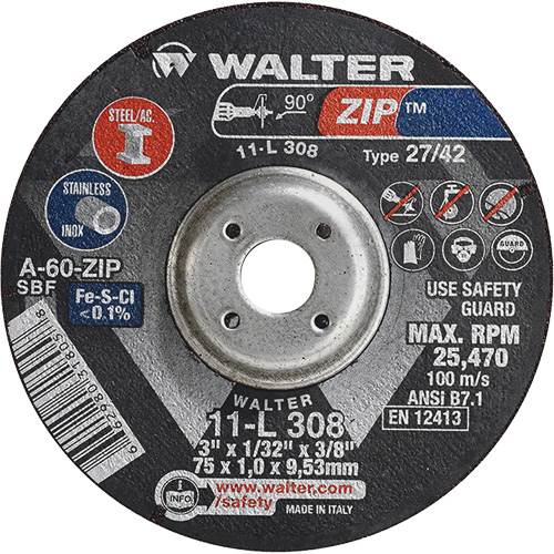 Zip Cutting and Grinding Wheel, 3" x 1/13", 3/8" Arbor, Type 27, 60 Grit, Aluminum Oxide Nuna Depot Inc.