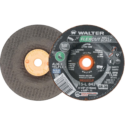 Meule FLEXCUT MILL SCALE, 4-1/2", 36 Grain, Oxyde d'aluminium, 5/8"-11, 13 300 Tr/min, Type 29 Nuna Depot Inc.