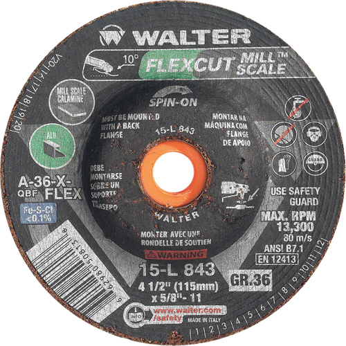 Meule FLEXCUT MILL SCALE, 4-1/2", 36 Grain, Oxyde d'aluminium, 5/8"-11, 13 300 Tr/min, Type 29 Nuna Depot Inc.