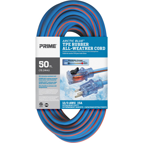 Cordon rallonge verrouillable toute saison en caoutchouc TPE Arctic Blue, Toutes saisons, SJEOW, AWG 12/3, 15 A, 50' Nuna Depot Inc.