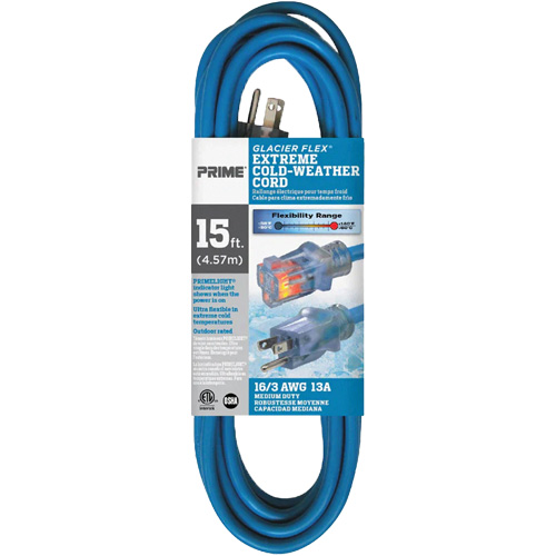 Glacier Flex&reg; Extreme Cold Weather Extension Cord, Outdoor, SJTW, 16/3 AWG, 13 A, 15' Nuna Depot Inc.