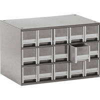 Modular Parts Cabinets, Steel, 15 Drawers, 17" x 10-9/16" x 3-1/16", Grey Nuna Depot Inc.