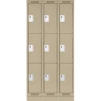 Clean Line Lockers, 3 -tier, Bank of 3, 36" x 18" x 76", Steel, Beige, Rivet (Assembled) Nuna Depot Inc.