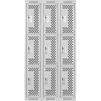 Clean Line Lockers, 3 -tier, Bank of 3, 36" x 12" x 72", Steel, Grey, Rivet (Assembled), Perforated Nuna Depot Inc.