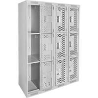 Clean Line Lockers, 3 -tier, Bank of 4, 48" x 12" x 72", Steel, Grey, Rivet (Assembled), Perforated Nuna Depot Inc.
