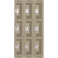Clean Line Lockers, 3 -tier, Bank of 3, 36" x 12" x 72", Steel, Beige, Rivet (Assembled), Perforated Nuna Depot Inc.