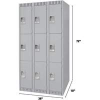Lockers, 3 -tier, Bank of 3, 36" x 18" x 72", Steel, Grey, Knocked Down Nuna Depot Inc.