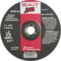 Depressed Center Cut-Off Wheel, 7" x 0.045", 7/8" Arbor, Type 27, Aluminum Oxide, 8500 RPM Nuna Depot Inc.